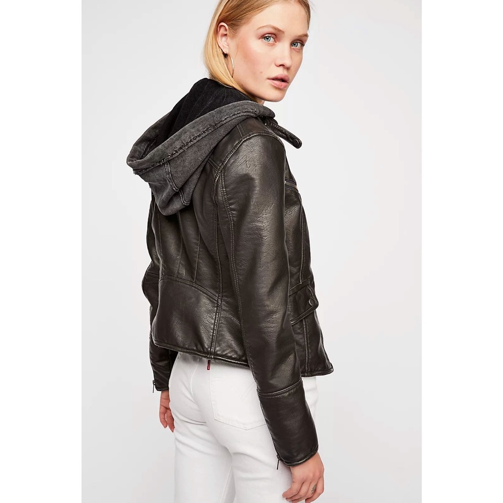 Free People Black Leather Jacket with Gray Hood